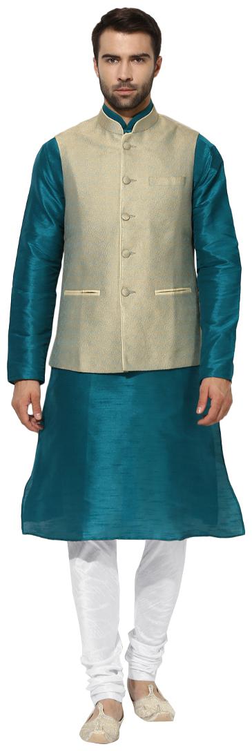

Kisah Men s Benarasi Cotton Silk Pista Green Waistcoat with Kurta and Churidar Set