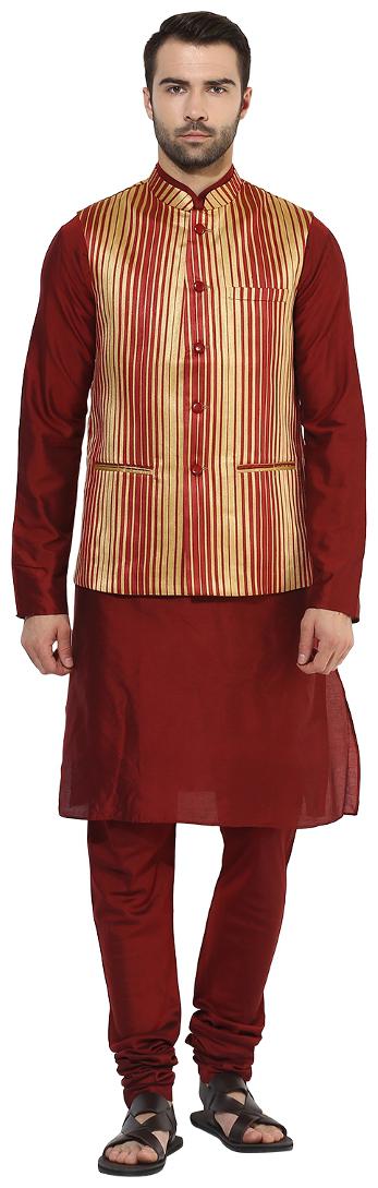 

Kisah Men s Dupion Silk Woven Waistcoat with Kurta and Churidar Set