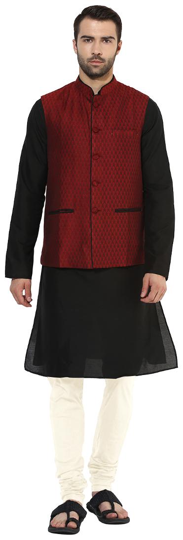 

Kisah Men s Benarasi Cotton Silk Maroon Waistcoat with Kurta and Churidar Set