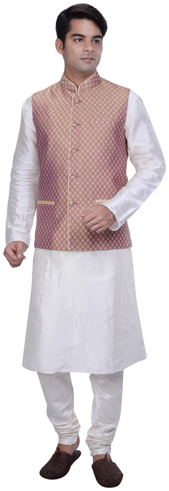 

Kisah Men s White Cotton Silk Kurta And Churidar With Beige Cotton Silk Nehru Jacket