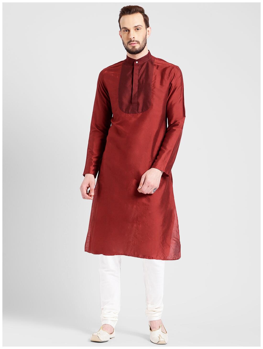 

Kisah Men s Tomato red Benarasi Cotton Silk Yoke Design Kurta