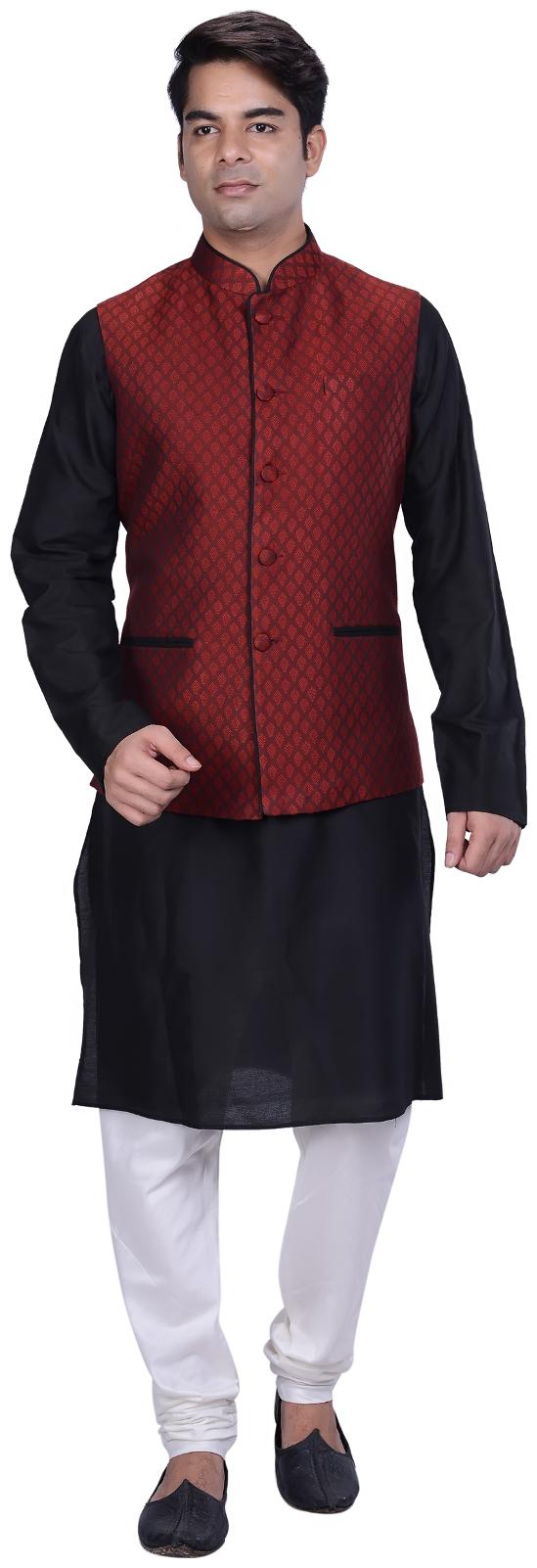

Kisah Men s Benarasi Cotton Silk Self Design Waistcoat with Kurta and Churidar Set