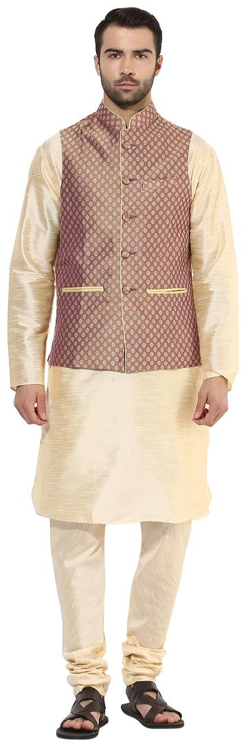 

Kisah Men s Benarasi Cotton Silk Self Design Waistcoat with Kurta and Churidar Set