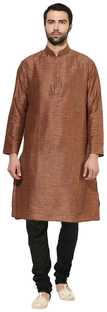 

Kisah Men s Khaki Brown Benarasi Cotton Silk Solid Coloured Kurta Churidar Set