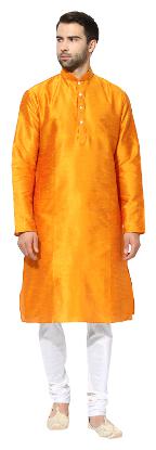

Kisah Men s Kesaria Yellow Dupion Silk Solid Coloured Kurta Churidar Set