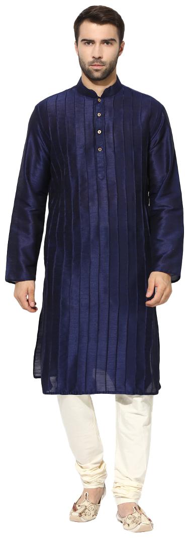 

Kisah Men s Navy Dupion Silk Pintucks Kurta Churidar Set