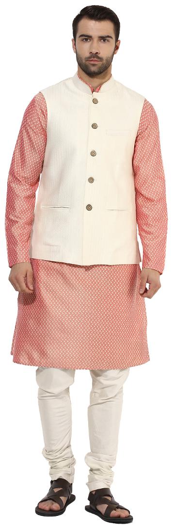 

Kisah Men s Benarasi Jaquard Cotton Silk Creame Waistcoat with Kurta and Churidar Set