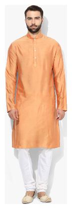 

Kisah Men s Light Peach Benarasi Cotton Silk Solid Coloured Kurta Churidar Set