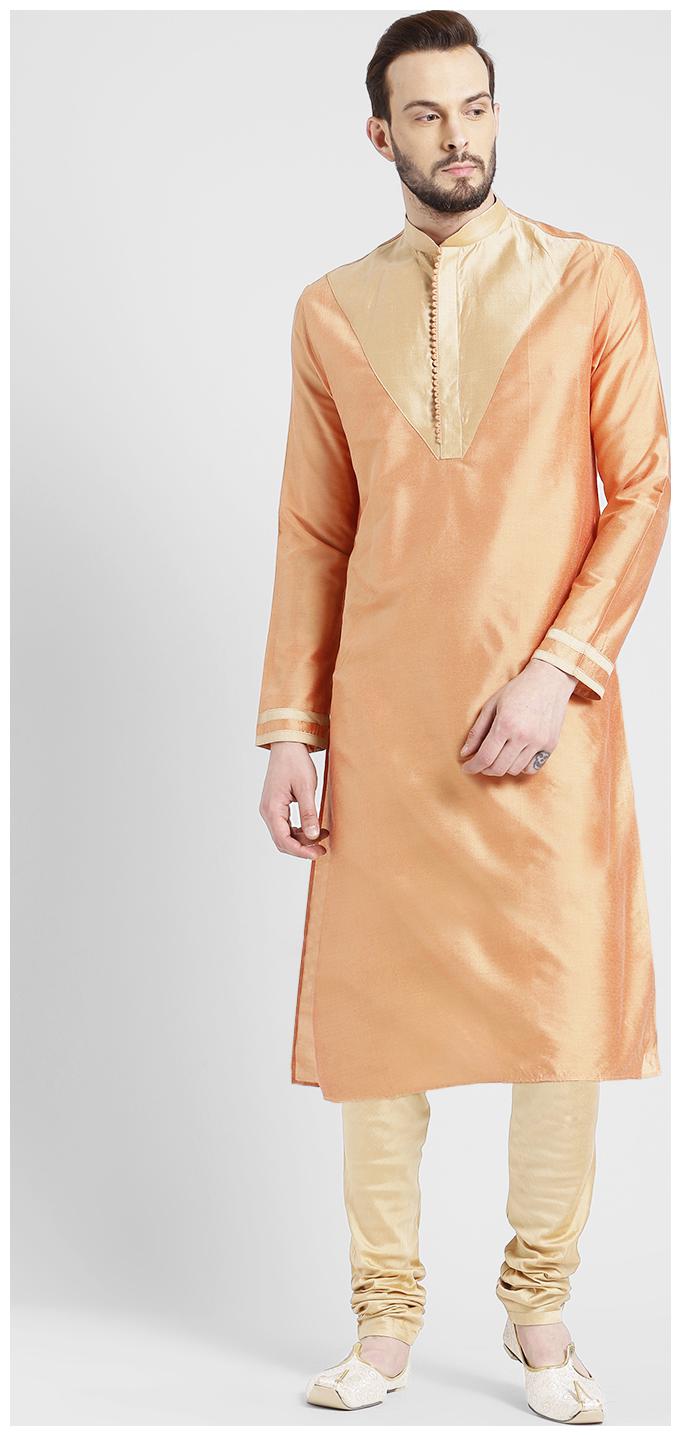 

Kisah Men s Light Peach Benarasi Cotton Silk Yoke Design Kurta Churidar Set