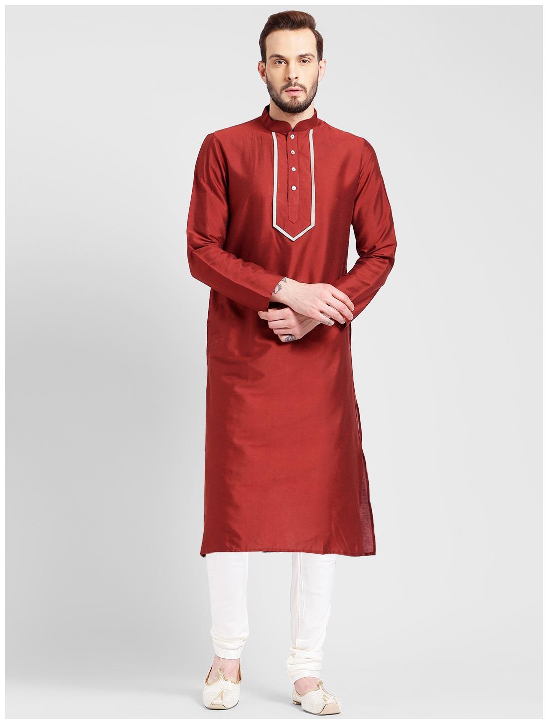 

Kisah Men s Tomato red Benarasi Cotton Silk Yoke Design Kurta