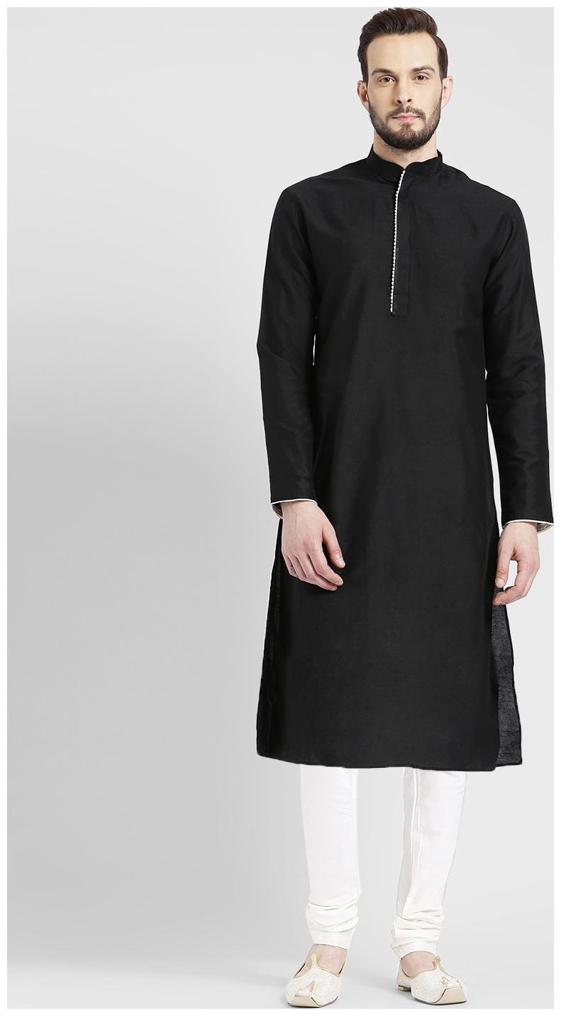 

Kisah Men s Black Benarasi Cotton Silk Solid Coloured Kurta Churidar Set