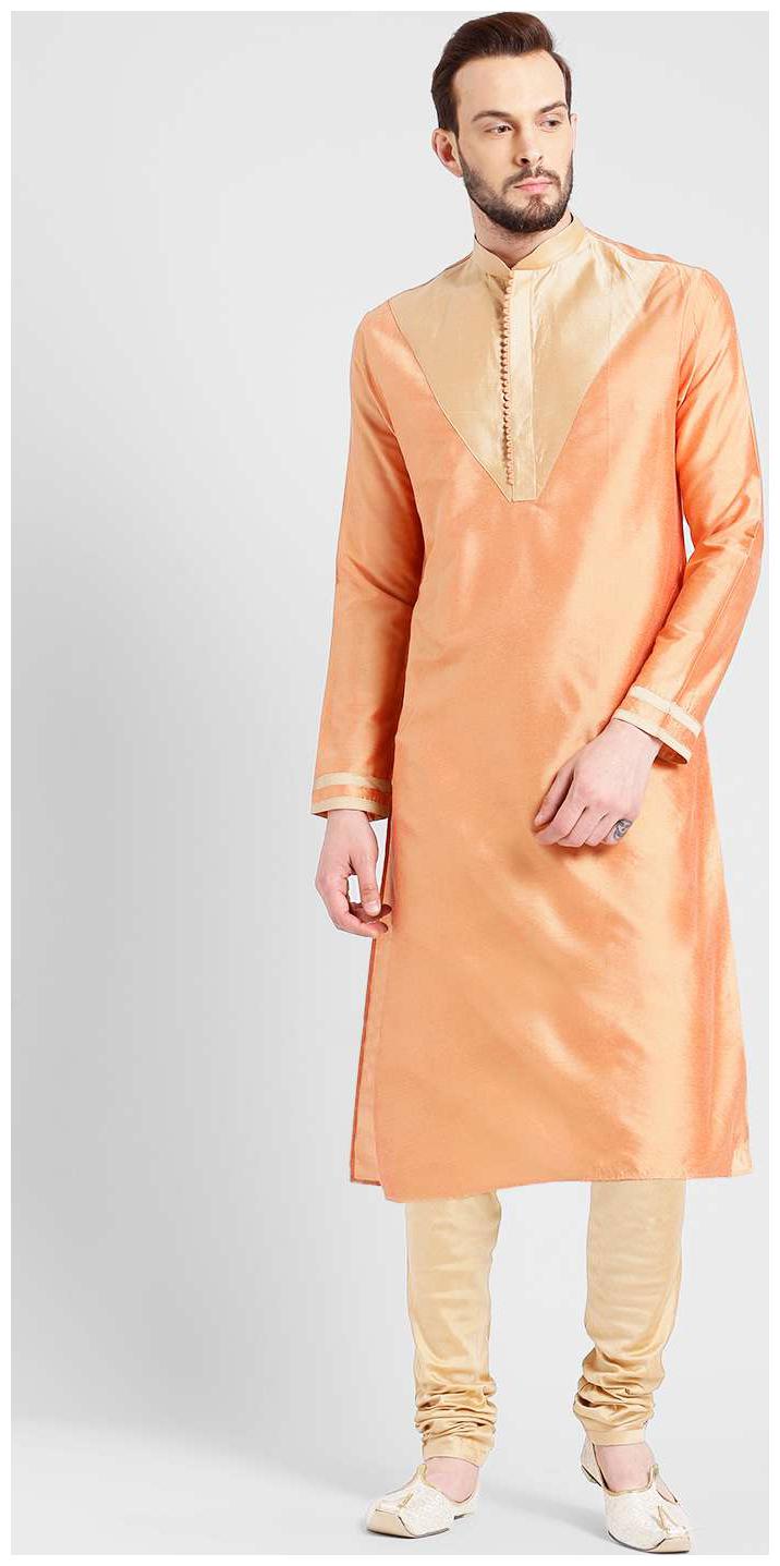 

Kisah Men s Light Peach Benarasi Cotton Silk Yoke Design Kurta Churidar Set
