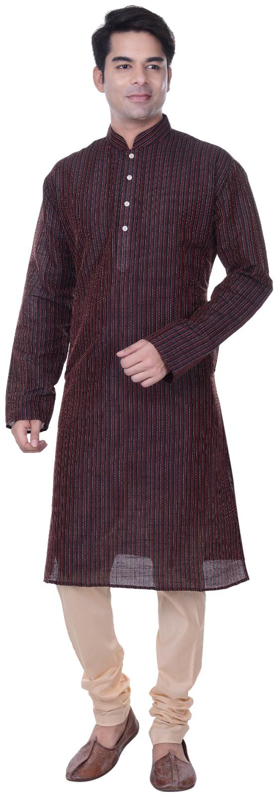 

Kisah Men s Black Striped Long Jaquard Cotton Silk Kurta Churidar Set