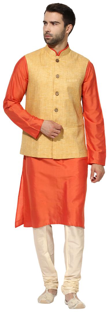 

Kisah Men s Benarasi Cotton Silk Yellow- Jute Look Waistcoat with Kurta and Churidar Set