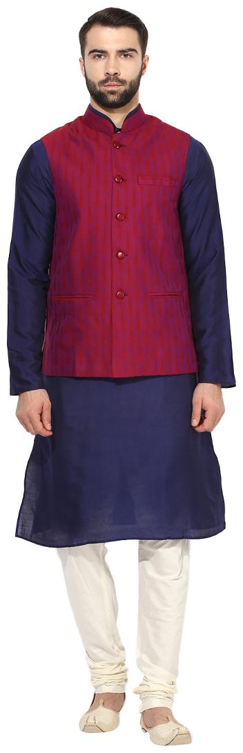 

Kisah Men s Benarasi Jaquard Cotton Silk Self Design Waistcoat with Kurta and Churidar Set