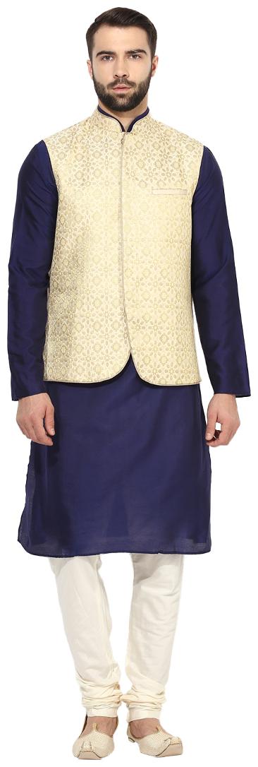 

Kisah Men s brocade cotton Silk Self Design Waistcoat with Kurta and Churidar Set
