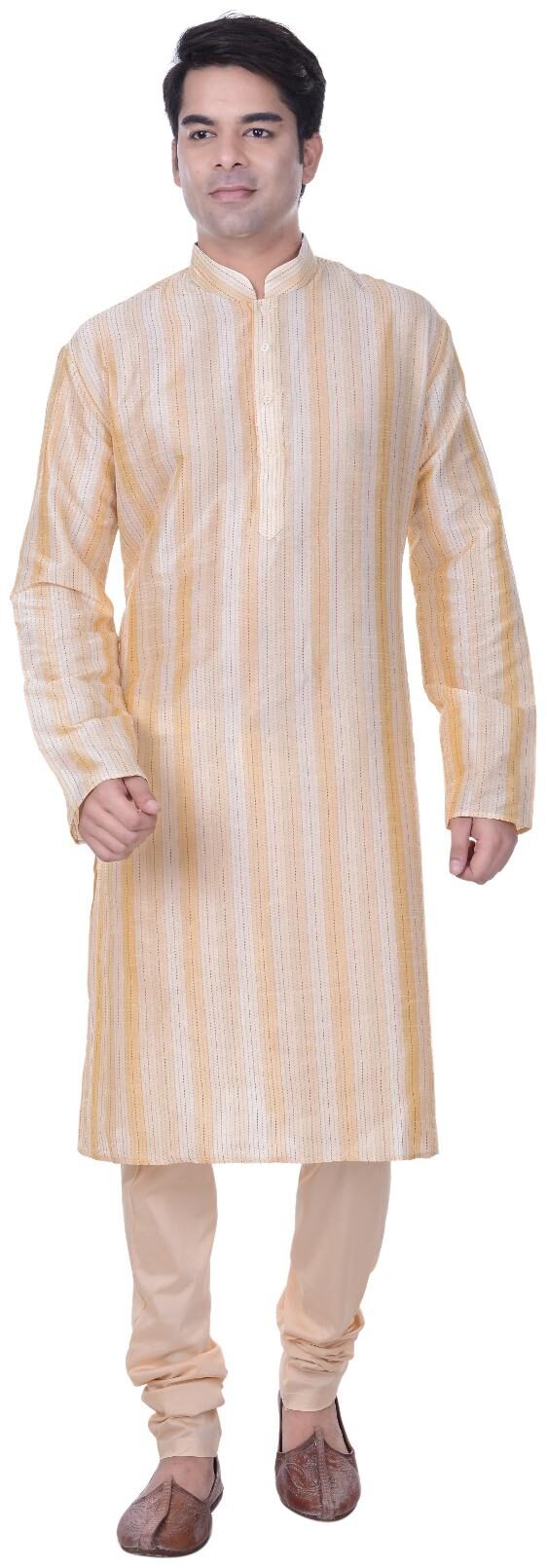 

Kisah Men s Beige Striped Long Jaquard Dupion Silk Kurta Churidar Set