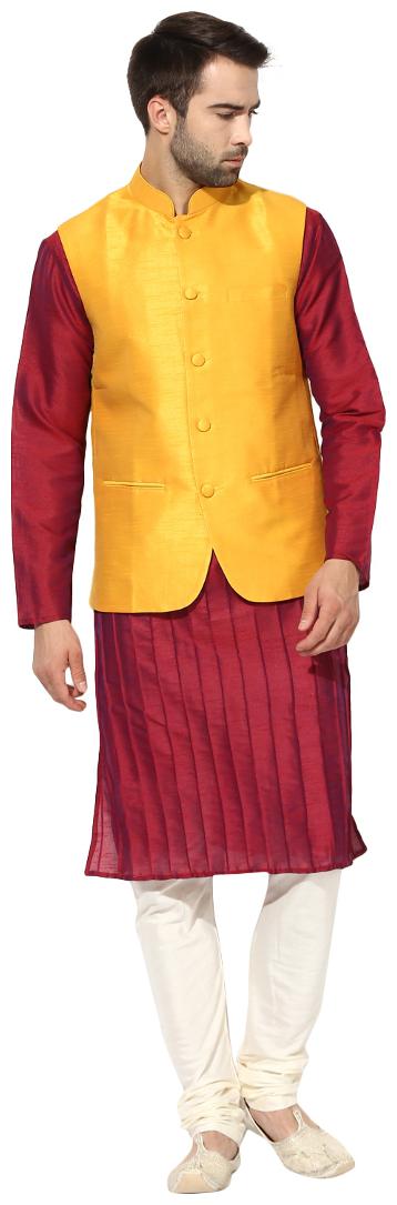 

Kisah Men s Dupion Silk Solid Coloured Waistcoat with Kurta and Churidar Set