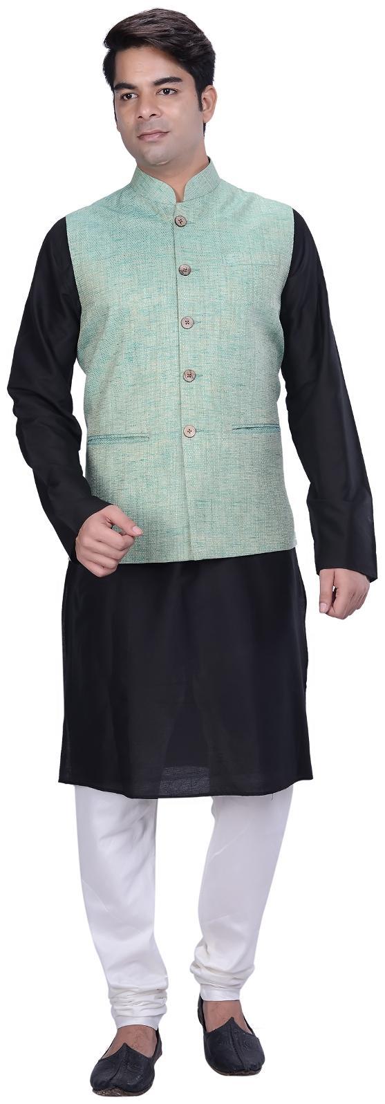 

Kisah Men s Black Cotton Silk Kurta And Churidar With Green Cotton Silk Nehru Jacket