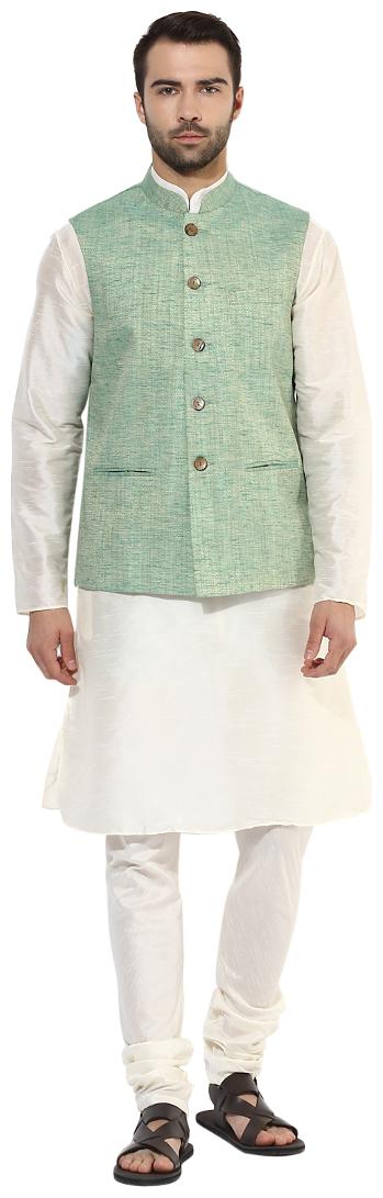 

Kisah Men s Benarasi Cotton Silk Self Design Waistcoat with Kurta and Churidar Set