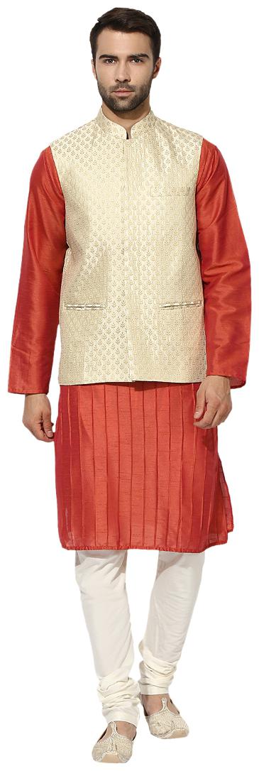 

Kisah Men s brocade cotton Silk Self Design Waistcoat with Kurta and Churidar Set