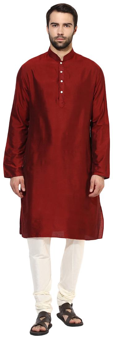

Kisah Men s Maroon Benarasi Cotton Silk Solid Coloured Kurta Churidar Set