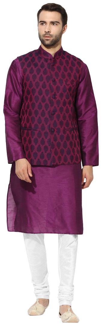 

Kisah Men s Benarasi Cotton Silk Purple Waistcoat with Kurta and Churidar Set