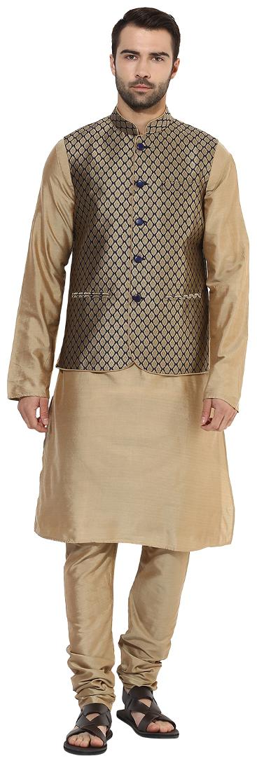 

Kisah Men s Benarasi Cotton Silk Self Design Waistcoat with Kurta and Churidar Set