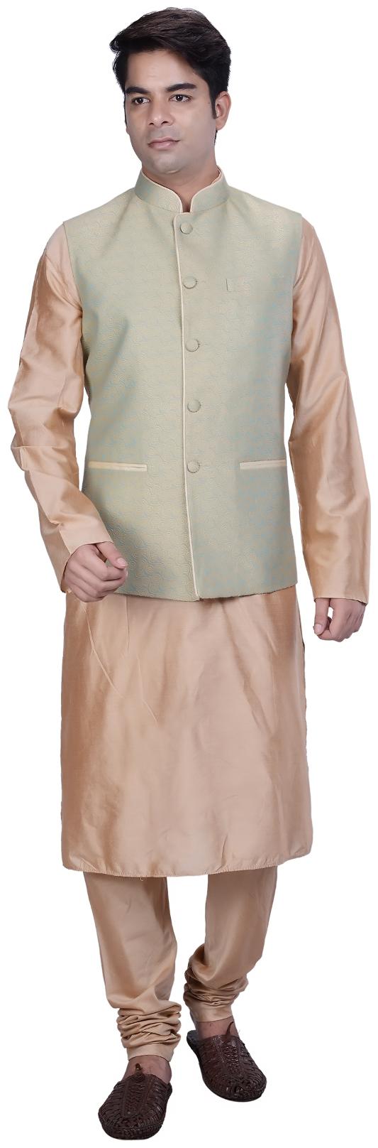 

Kisah Men s Benarasi Cotton Silk Self Design Waistcoat with Kurta and Churidar Set