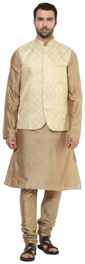 

Kisah Men s Benarasi Cotton Silk Self Design Waistcoat with Kurta and Churidar Set