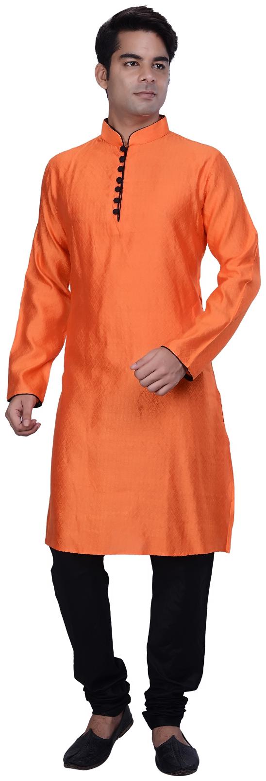 

Kisah Men s Orange Woven Long Jaquard Cotton Silk Kurta Churidar Set