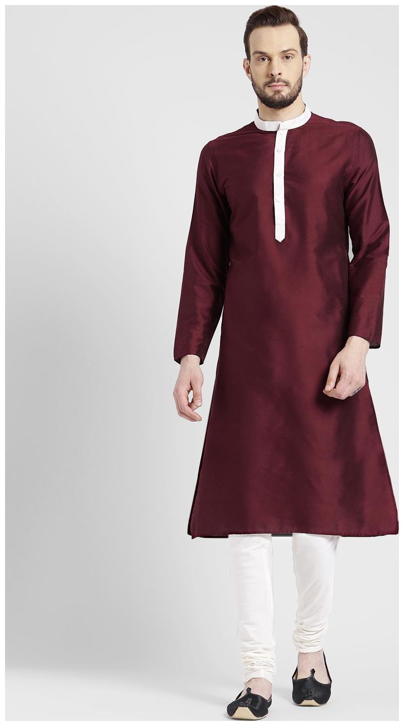 

Kisah Men s Maroon Benarasi Cotton Silk Solid Coloured Kurta Churidar Set