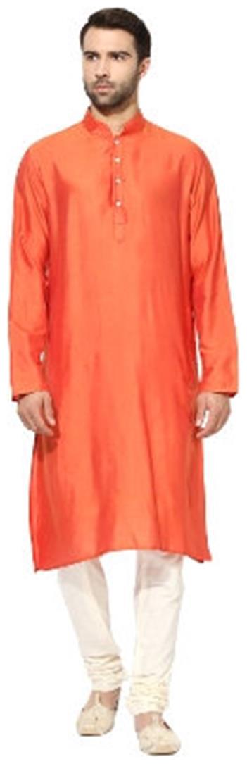 

Kisah Men s Coral Benarasi Cotton Silk Solid Kurta Churidar Set