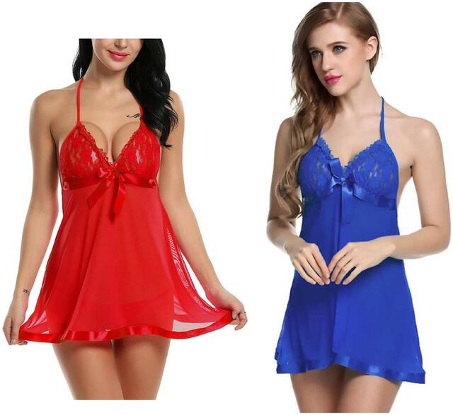 Kismat Fashion Sexy & Stylish Net Nighty With G-String Panty Pack Of Two Babydoll