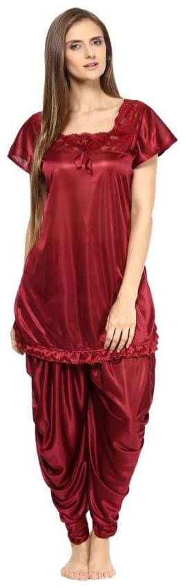 Kismat Fashion Women Satin Lace Top and Pyjama Set - Maroon