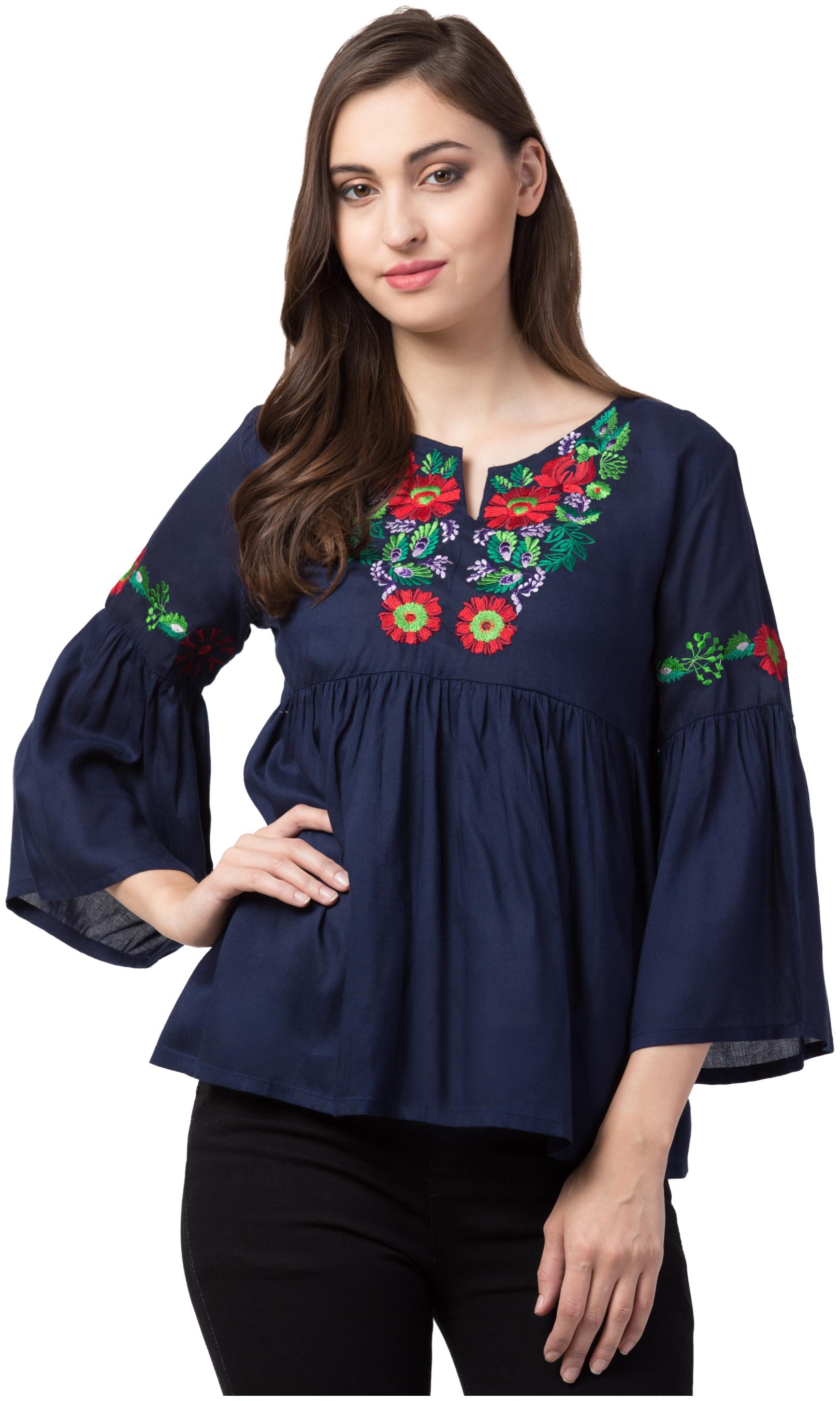

KISSERO Women Embroidered Regular top - Blue