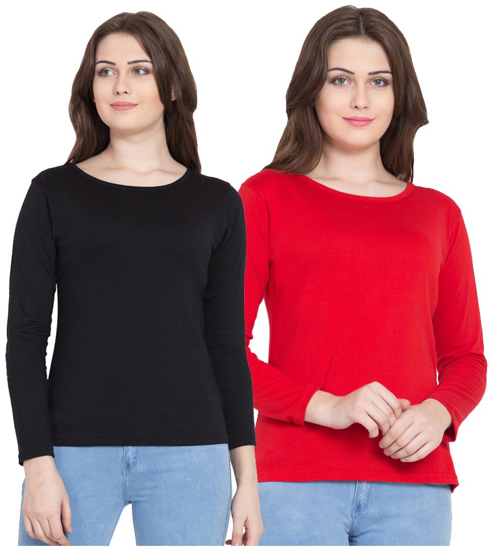 

KISSERO Women Black Red Regular fit Round neck Cotton T shirt