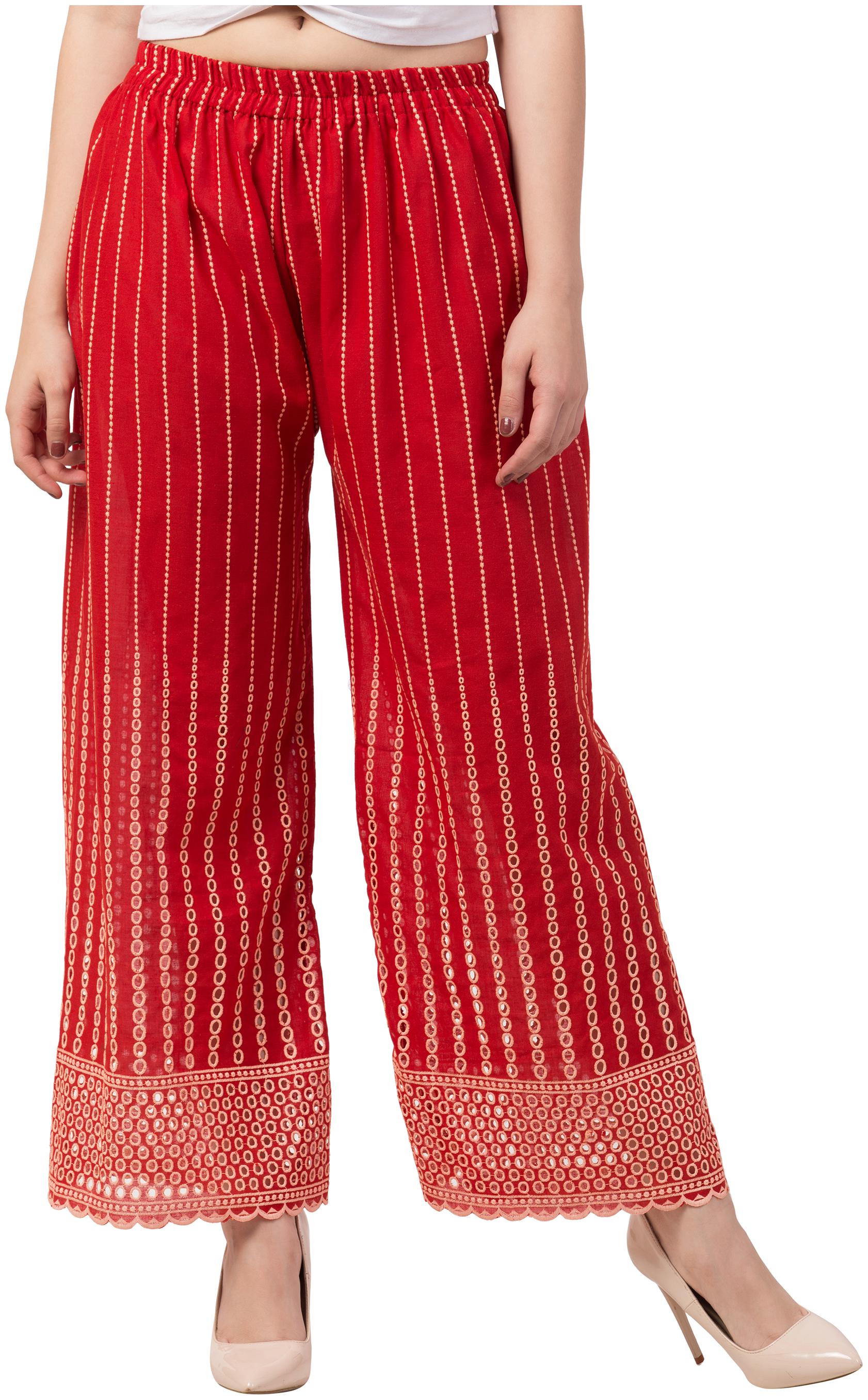 

KISSERO Red Embroidered Straight Palazzo