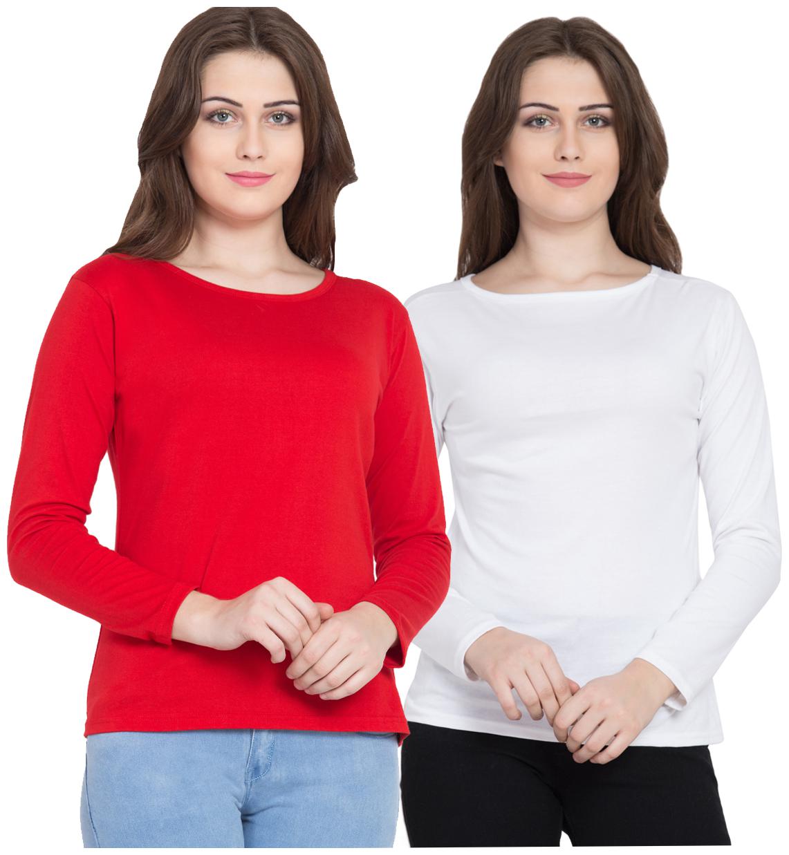 

KISSERO Women White Red Regular fit Round neck Cotton T shirt