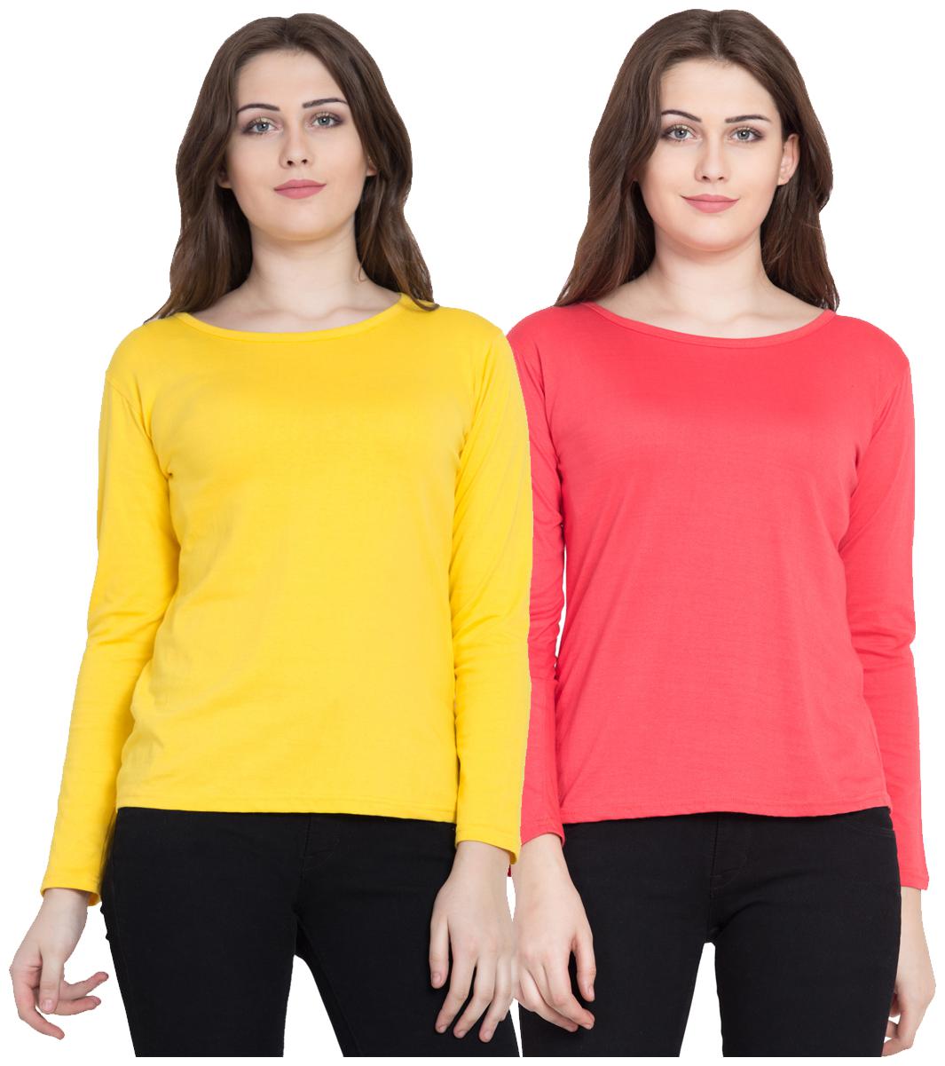 

KISSERO Women Yellow Pink Regular fit Round neck Cotton T shirt