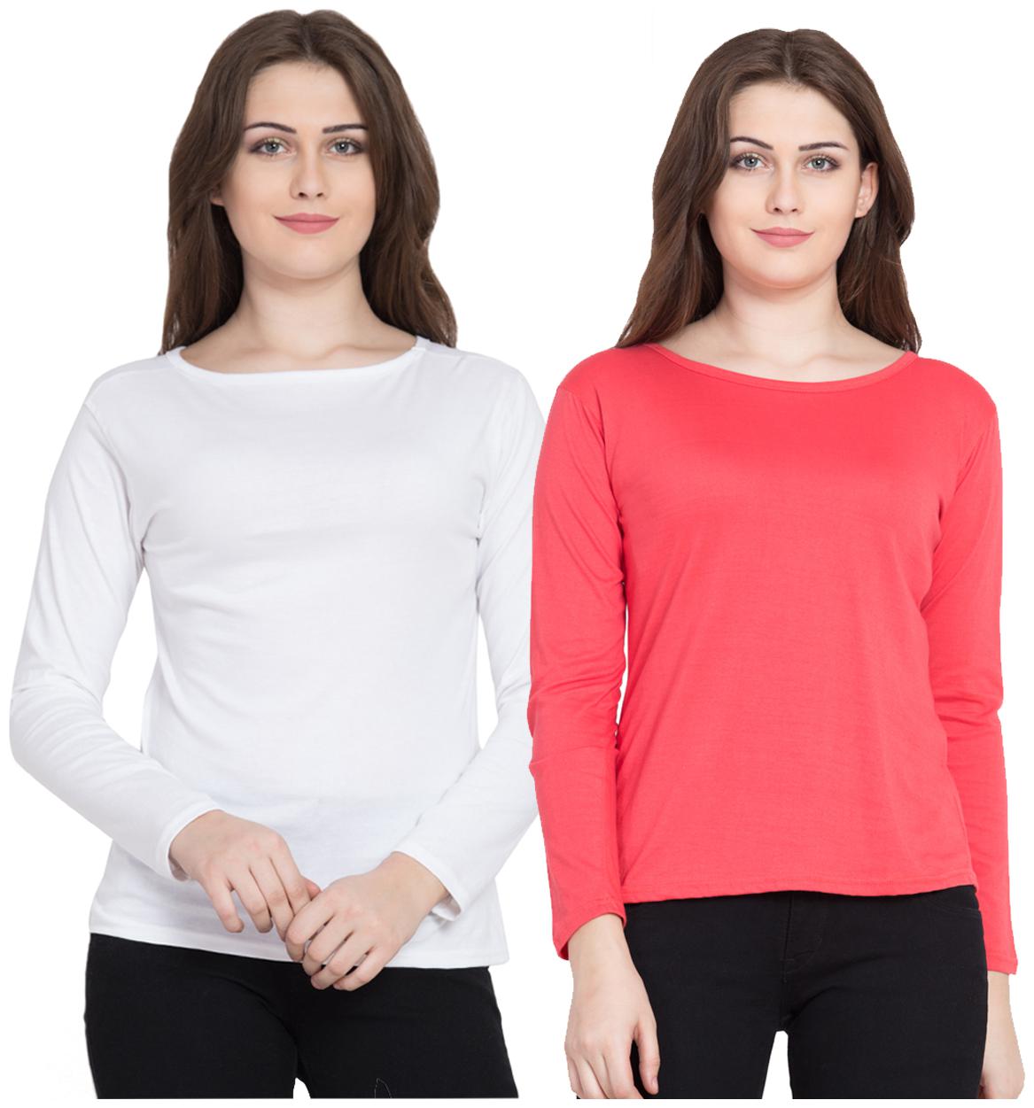 

KISSERO Women White Pink Regular fit Round neck Cotton T shirt