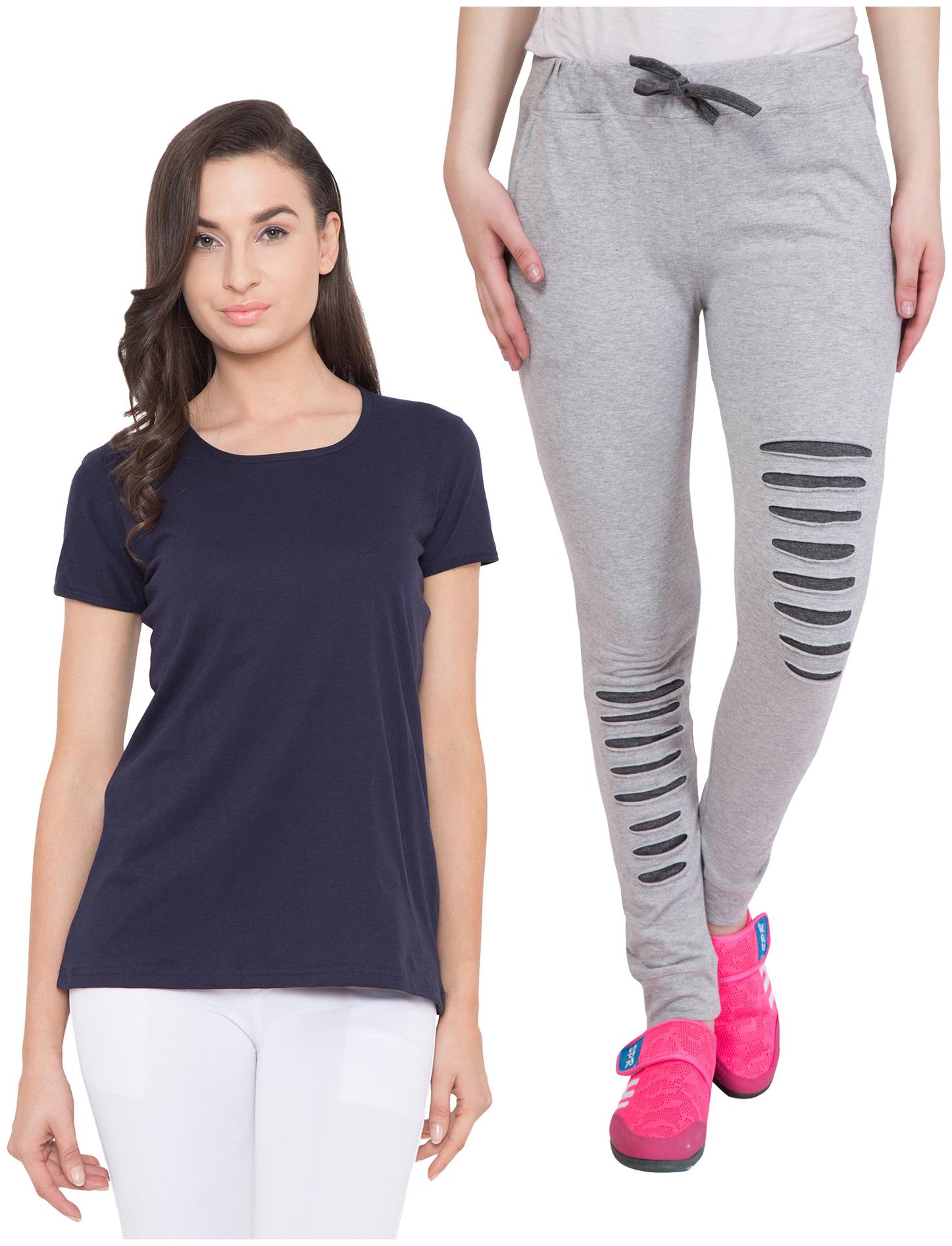 

KISSERO Women Black Grey Slim fit Round neck Cotton T shirt