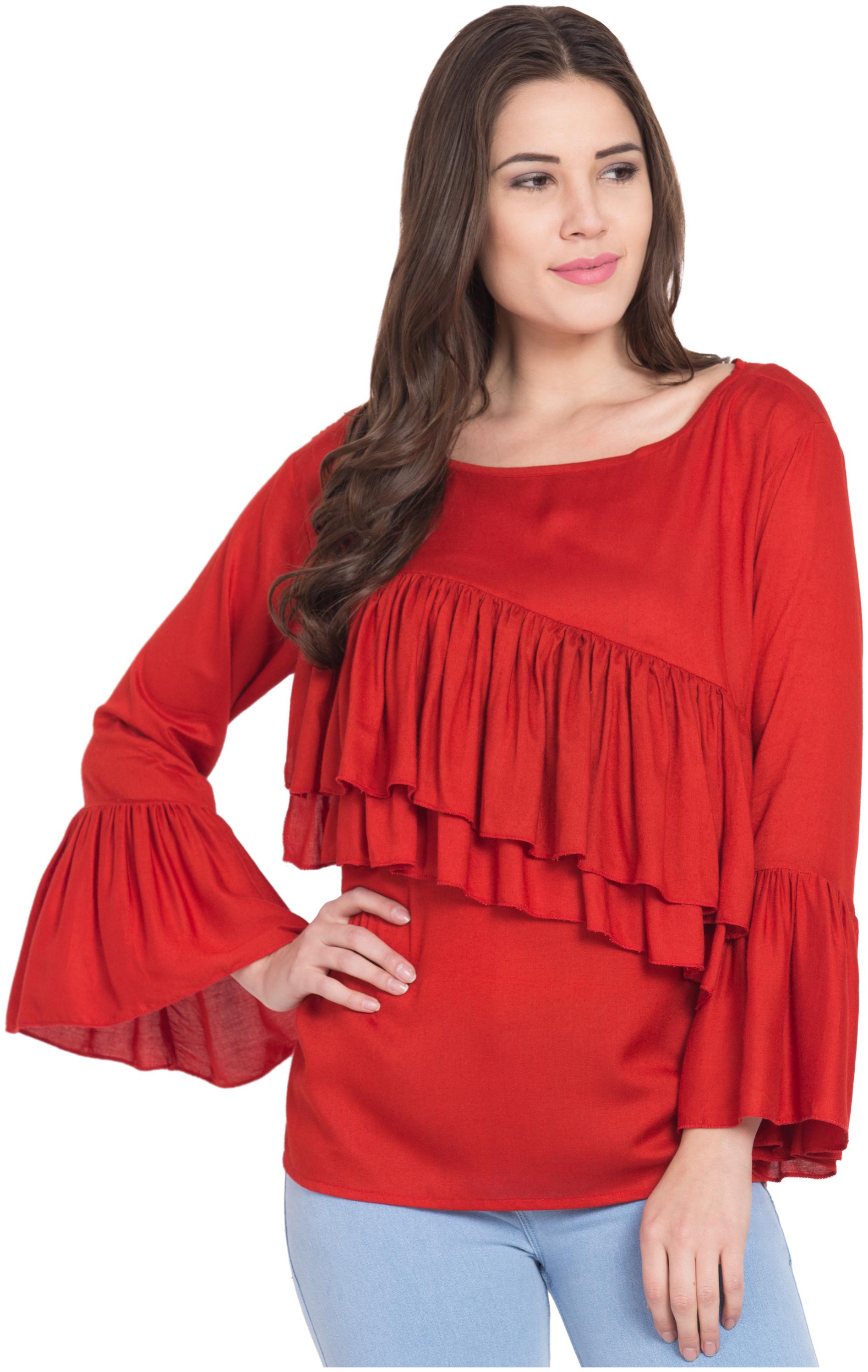 

Kissero Women Red Chest Frill Bell Sleeves Cotton Top