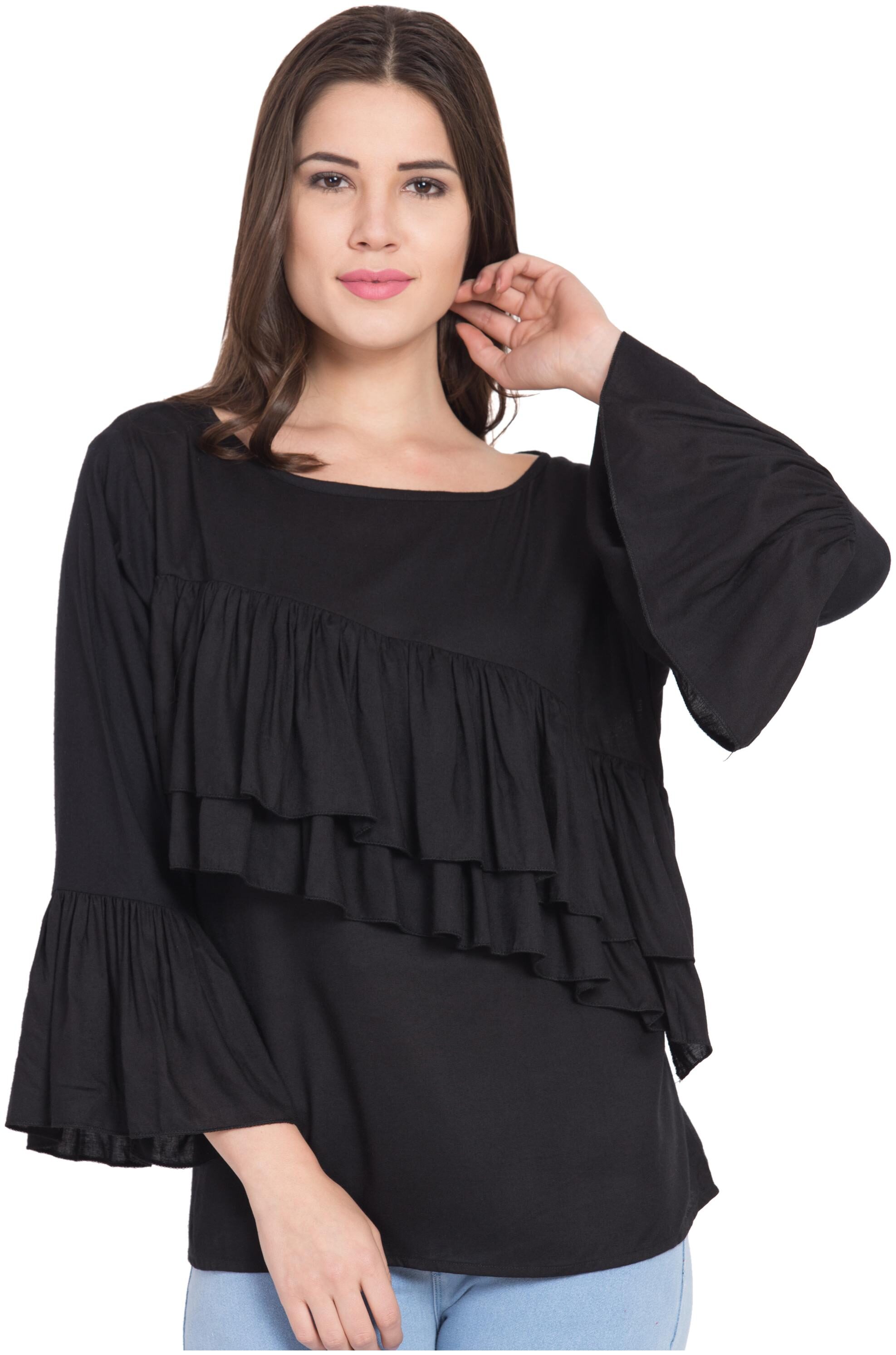 

Kissero Women Black Chest Frill Bell Sleeves Cotton Top