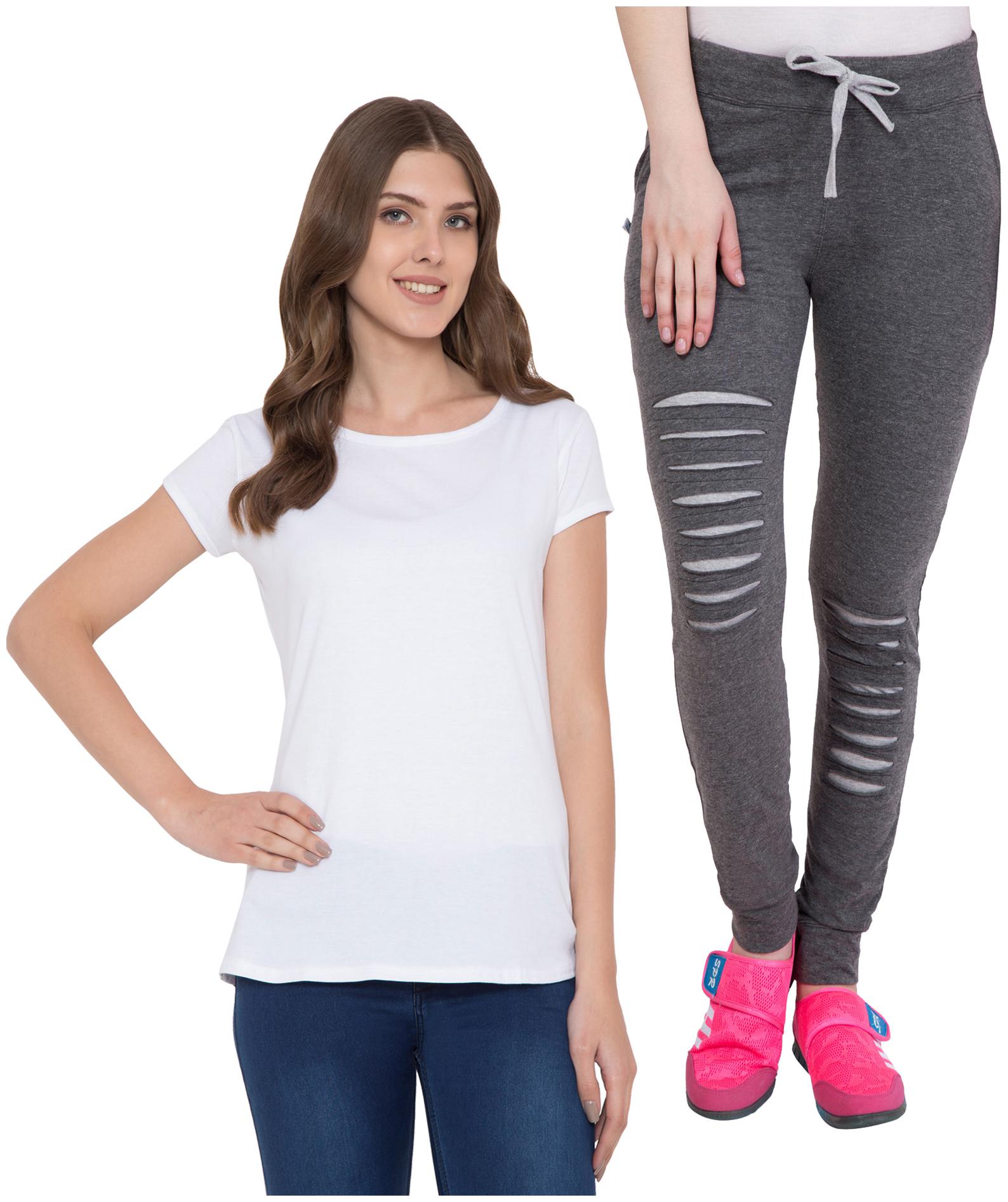 

KISSERO Women White Grey Slim fit Round neck Cotton T shirt