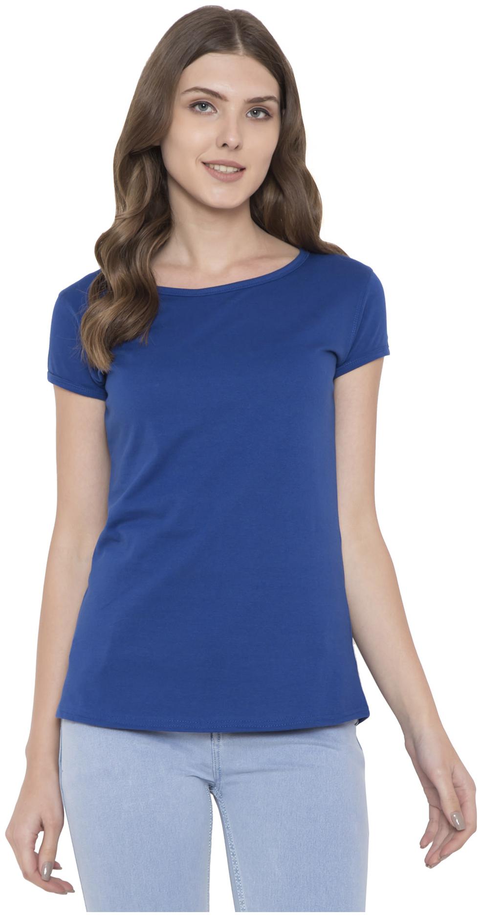 

KISSERO Women Blue Slim fit Round neck Cotton T shirt