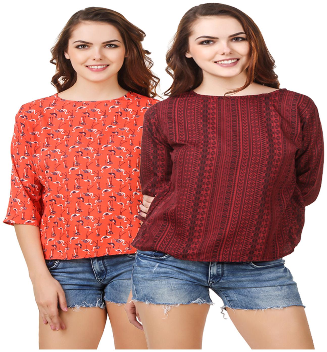 

KISSERO Women Printed Regular top - Maroon Orange