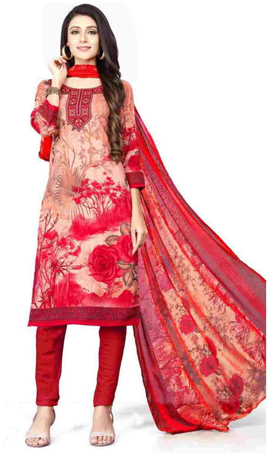 

KKRISH Red Unstitched Kurta with bottom dupatta With dupatta Dress Material