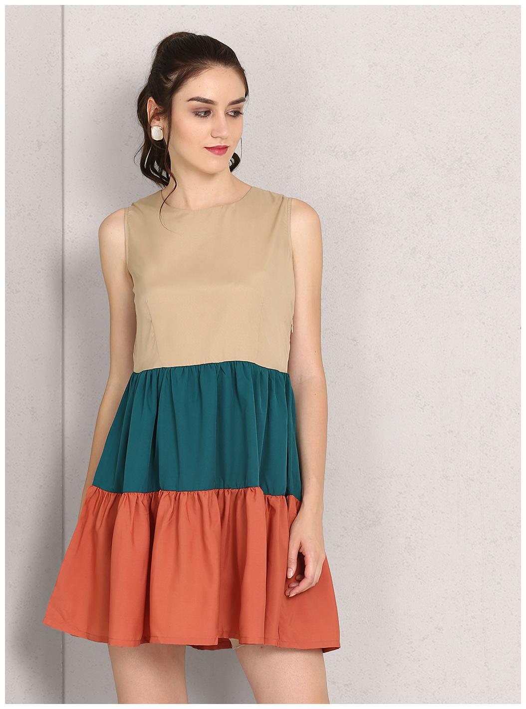 

Chrome Coral Multi Colorblocked A-line dress