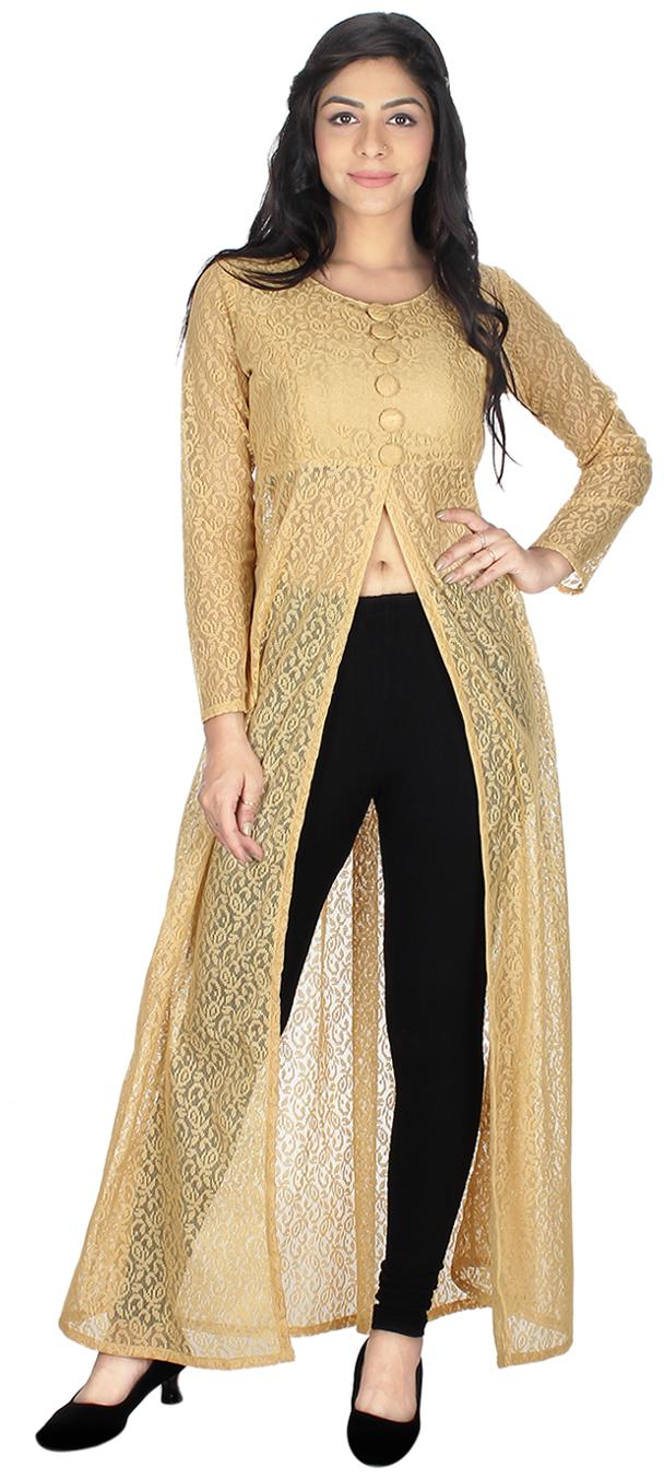 

Chrome Coral Women Beige Embroidered High Slit Kurta